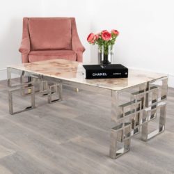 Maze Marbled Glass Coffee Table with Stainless Steel Base Legs