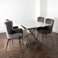 Camila Dining Set with White Marbled Glass Dining Table and 4 Grey Chairs