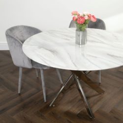 Camila Round White Marbled Glass Dining Table with Stainless Steel Base