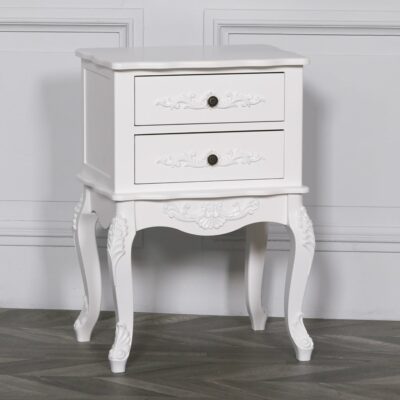 White Antique French Style Bedside Table with 2 Drawers