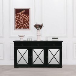 Large Art Deco Black Sideboard with Mirrored Doors