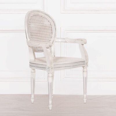 Vintage Off White Wood and Rattan Carver Dining Chair
