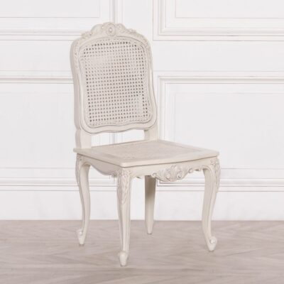 Antique White Wooden Dining Chair with Rattan Seat and Back