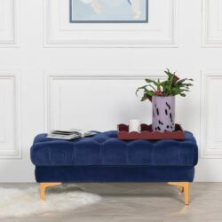 Prussian Blue Velvet Bench with Gold Legs with Button Design