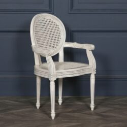 Vintage Off White Rattan Dining Chair with Arms in Mahogany Wood