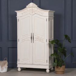 Vintage White Wardrobe Armoire with Ornate Wooden Carving Detail