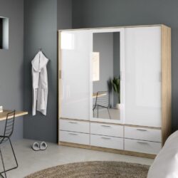 Lincoln Large White Wardrobe with Mirror, Sliding Doors & Oak Wood Effect