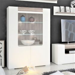 Tom Lake Glazed Modern White Display Cabinet with LED Lighting & Oak Accent