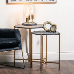 Pair of Round Black Marble Side Tables with Gold Legs