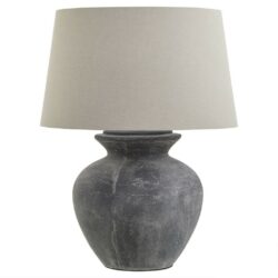Helena Large Round Grey Stone Table Lamp with Linen Shade