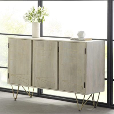 Shimler Large Natural Light Wood Sideboard Cabinet with Abstract Gold Design
