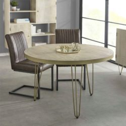 Shimler Round Light Wood Dining Table with Gold Legs & Abstract Gold Design