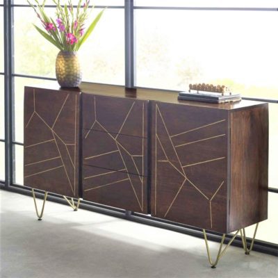 Shimler Large Dark Wood Sideboard Cabinet with Drawers & Abstract Gold Design