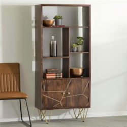 Shimler Large Dark Wood Bookcase Display Cabinet with Abstract Gold Design