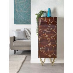 Shimler Dark Wood Slim Chest of 5 Drawers Tallboy with Abstract Gold Design