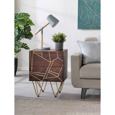 Shimler Dark Wood Bedside Cabinet or Lamp Table with Abstract Gold Design