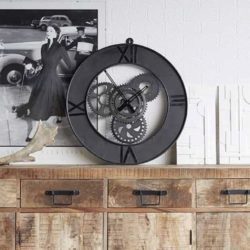Round Industrial Style Black Metal Skeleton Clock with Cog Wheel Design