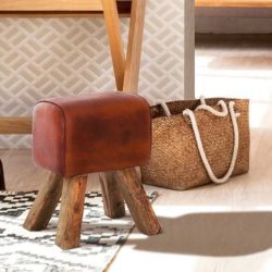 Luxury Tan Leather Footstool in Dark Caramel Leather with Chunky Wooden Legs