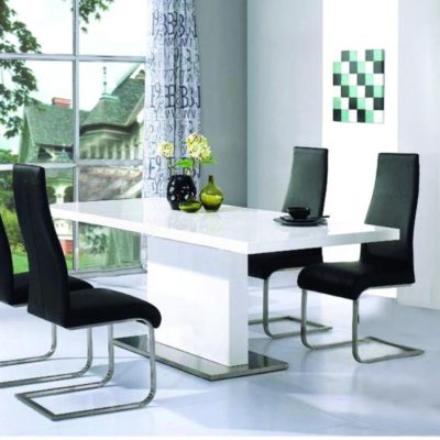 Cherico Modern White Dining Table in High Gloss with Stainless Steel Base