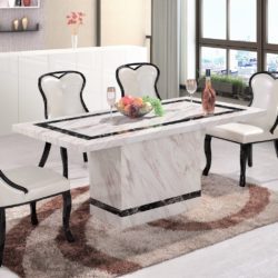 Stockfield White Marble Dining Table with Black Inlay Detail