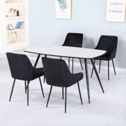 Vergil Modern Dining Set with White Marbled Glass Table and 4 Black Velvet Chairs