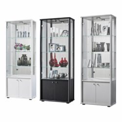 Luton Large Glass Display Cabinet with 2 Doors & Cupboard - Silver, White, Black or Oak