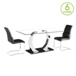 Phelan Modern Dining Set - Glass Table with Stainless Steel Base and 6 Black Chairs