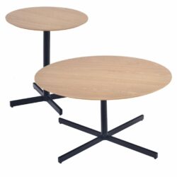 Round Wooden Coffee Table and Lamp Table Set in Oak Veneer & Black Bases