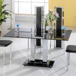Tribolo Modern Black Glass Dining Table with Silver Chrome Base - Choice of Sizes