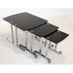 Tribolo Black Glass Nest of 3 Tables with Chrome Legs & Castor Wheels