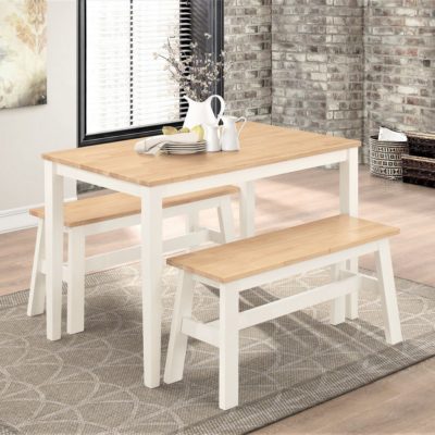 Wade Solid Wood White Dining Set with Table and 2 Benches with Oak Finish