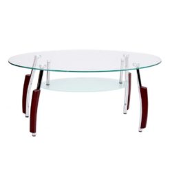 Balbi Oval Glass Coffee Table in Chrome & Mahogany Wood Detail