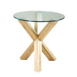 Sartell Round Glass Lamp Table with Solid Oak Wood Base