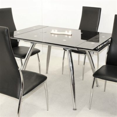 Masek Modern Extending Black Glass Dining Table with Silver Chrome Legs
