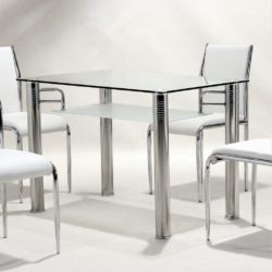Vermeer Modern Glass Dining Table with Designer Chrome Legs - Clear or Black Glass