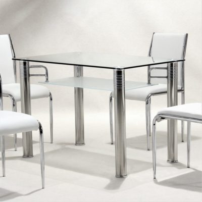 Vermeer Modern Glass Dining Table with Designer Chrome Legs - Clear or Black Glass