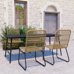 Black & Natural Rattan Garden Dining Set for 4 People with Glass Table and 4 Chairs