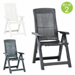 Pair of Folding Plastic Garden Chairs with Slat Design - Grey, White or Green