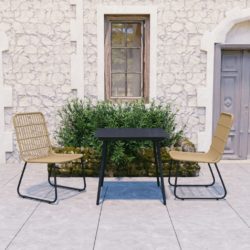 Black & Natural Square Glass Table and 2 Rattan Chairs Garden Set