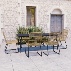 Natural & Black Garden Dining Set with Glass Table & Rattan Chairs for 6 People