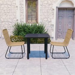 Black & Natural Outdoor Square Glass Table and 2 Rattan Chairs Set