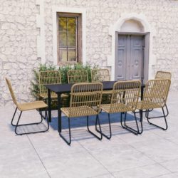 Natural & Black Bamboo Rattan Garden Dining Set with Glass Table and 8 Chairs
