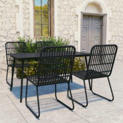 Black Rattan Garden Dining Set for 4 People with Glass Table and 4 Chairs