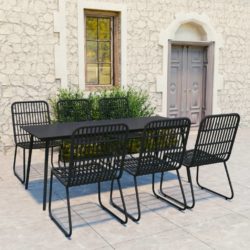 Black Garden Dining Set with Glass Table & Rattan Chairs for 6 People