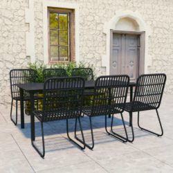 Bamboo Style Black Rattan Garden Dining Set with Glass Table and 6 Chairs