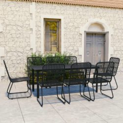 Black Bamboo Rattan Garden Dining Set with Glass Table and 8 Chairs
