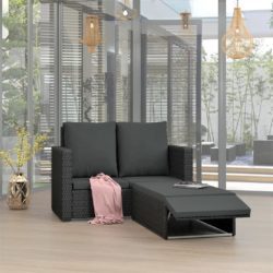 2 Seater Chaise Longue Rattan Garden Sofa with Footstool - Black or Grey