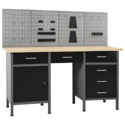 Black & Grey Large Work Bench with Wall Panels, Cupboard & Drawers