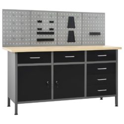 Black & Grey Large Work Bench with Wall Panels, 2 Cupboards & Drawers