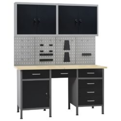 Black & Grey Large Workbench with Wall Panels, 2 Cabinets & Drawers